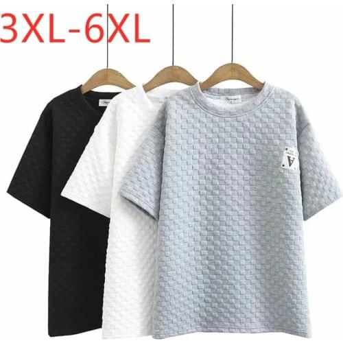 New 2021 Ladies Summer Plus Size Tops For Women Large Short Sleeve Loose Gray White Plaid Cotton Long T-shirt 3XL 4XL 5XL 6XL