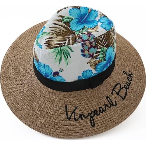 Bulk price straw fedora hat women summer fedora hat embroidery fedoras sunhat for lady beach hat letter embroidery hat