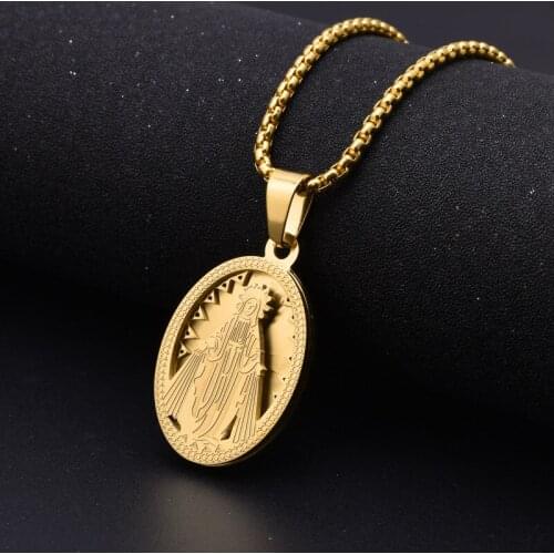 Stainless Steel Concave Convex Round Pendant Retro Guadalupe Totem Gold Plated Titanium Steel Necklace Mens Necklace