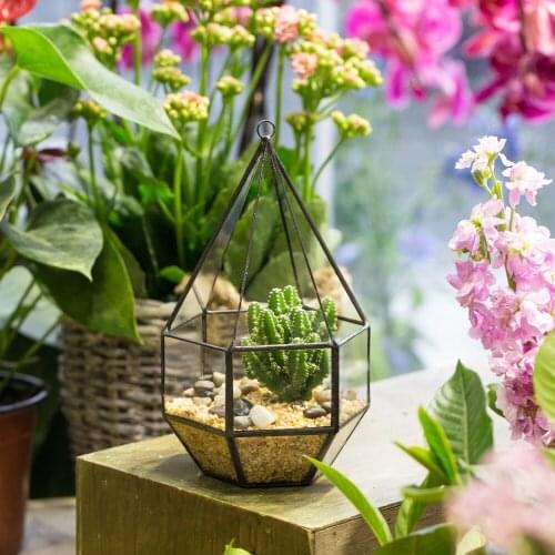 Handmade Hanging Geometric Six-surface Diamond Glass Geometric Terrarium Tabletop Succulent Plant Box Planter Hanging Flower Pot