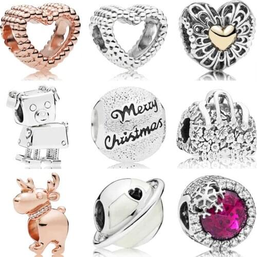 QANDOCCI Beaded Heart Bobby Bot Dog Merry Christmas Snowball Reindeer Charms Fit Pandora Bracelet 925 Sterling Silver Jewelry