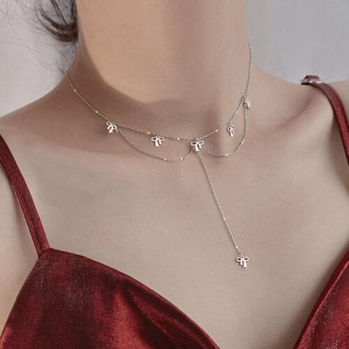 925 Sterling Silver Bowkont Necklace Female Simple Sweet Short Chain Tassel Choker Necklace Wholesale