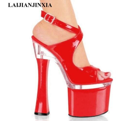 New Peep Toe Pumps 18cm High Heel Sandals Sexy Bridal Shoes Crystal Model Shoes Gladiator With Ankle Strap Pole Dancing Shoes