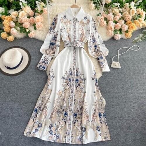 WEIHAOBANG 2021 Spring Women Vintage Notched Collar Puff Sleeve Long Dress Single Breasted Floral Print Court Dress with Belt