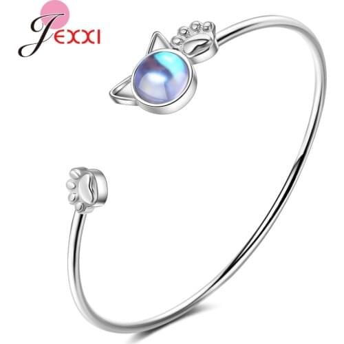 High Quality 925 Sterling Silver Lovely Cat Bracelets For Women Girl Birthday Gift Jewelry Artificial Moonstone Bangle
