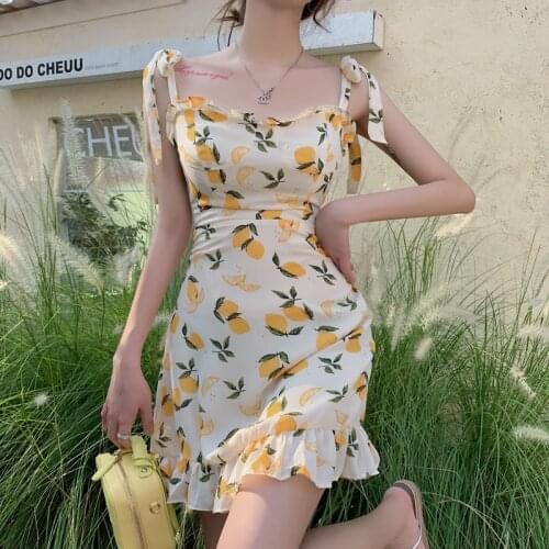 Womens Dresses Japanese Harajuku Vintage Ulzzang Casual Loose Ins Lemon Print Dress Female Korean Kawaii Clothing For Women