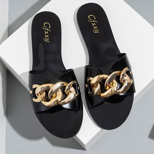 Women Slippers Trend Personality Chain Upper Design Open Toe Luxurious Flat Sandals Street 2021 New Hollow Out Women Shoes