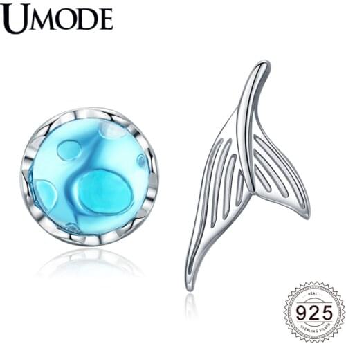 UMODE New 925 Sterling Silver Blue Bubble Stud Earrings for Women Mermaild Tail Cross Jewelry Brincos Bijoux Femme ALE0594