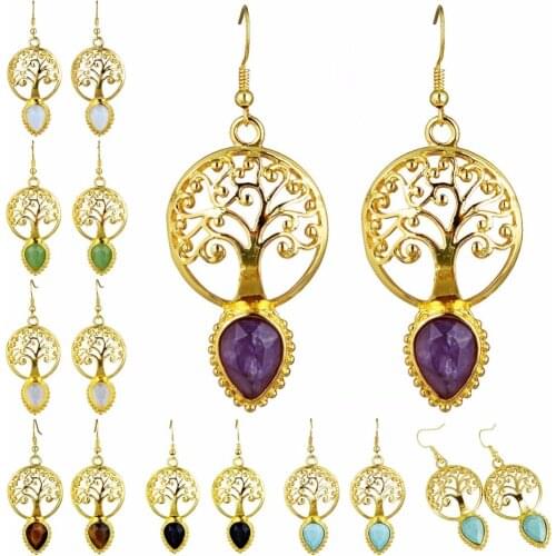 TUMBEELLUWA Teardrop Crystal Stone Tree of Life Dangle Earrings for Women, Healing Chakra Earrings