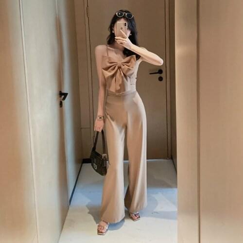Two-piece womens 2020 summer new womens temperament bow short top high waist wide leg suit pants