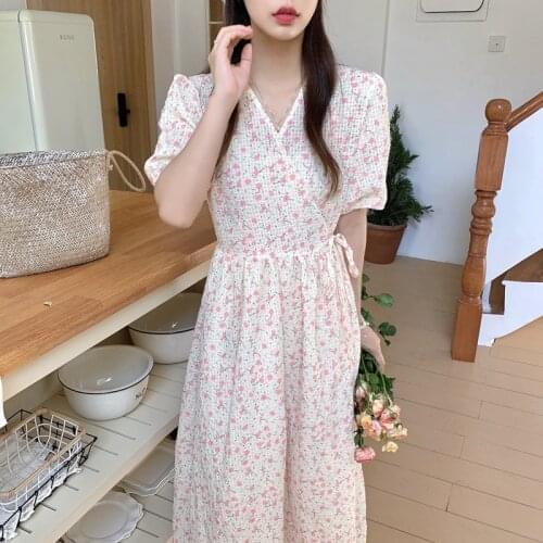 Pink Floral Summer Party Dress Women V-Neck Puff Sleeve Long Midi Dress Vintage Lace Up Kawaii Sweet Cotton Korean Elegant