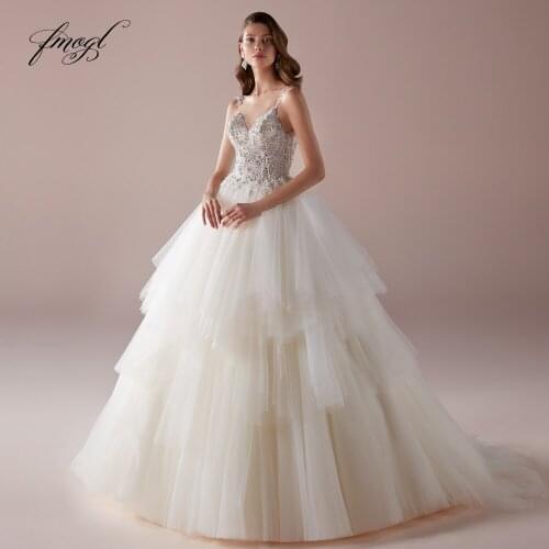 Fmogl Sexy Backless Sweetheart Tiered A Line Wedding Dresses 2020 Elegant Appliques Beaded Crystal Chapel Train Bridal Gowns