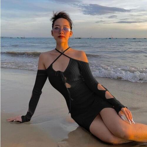 2021 Long Sleeve Harajuku Dress Halter Hollow Out Ribbed Bandage Mini Dress Spring Summer Women Fashion Sexy Party Club Wear