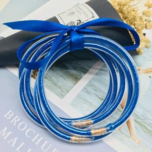 Bling Bling 5Pcs/Set Blue Glitter Jelly Bangle Bracelet Set - Gold Powder Lining Fashion Jewelry - Lightweight Cute Bracelets