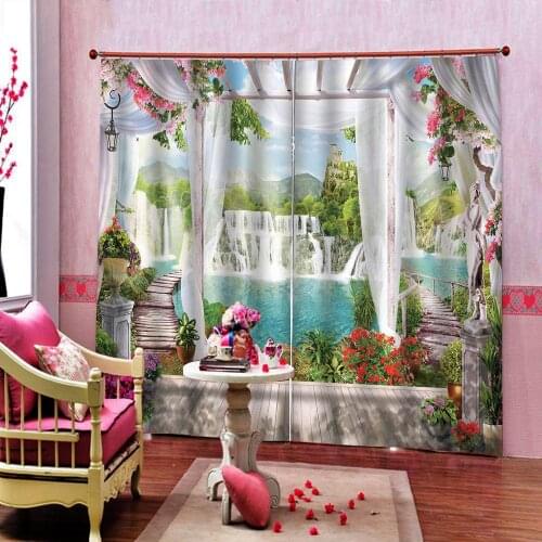 Photo Custom Outside the window Bridge Landscape curtain For Living Room Bedroom Waterfall Scenery Blackout Window Drapes Sets