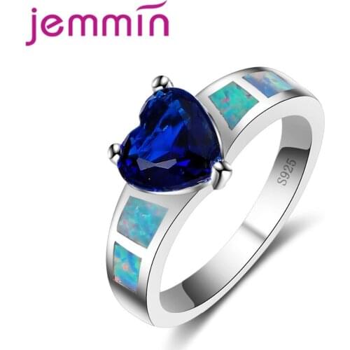Fine 925 Sterling Silver Wedding Rings For Woman Heart Shape Blue Crystal Engagement Anniversary Anillos Bijoux Accessory