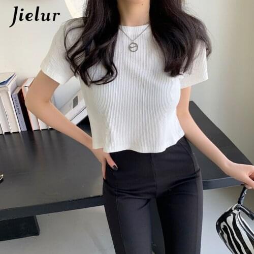 Jielur White Short-sleeved T-shirt Women Summer O-neck 2021 Slim Female Crop Top Casual Short All-match Tees Shirt Black Femme