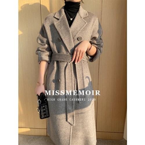 Classic double breasted double-sided cashmere coat womens medium long lace up Korean casual double-sided tweed coat