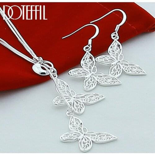 DOTEFFIL 925 Sterling Silver Snake Chain Two Butterfly Necklace Earring Set For Women Wedding Engagement Fashion Charm Jewelry