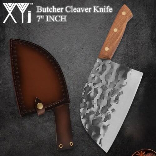 XYj Machete Forged Steel Cleaver Butcher 7'' INCH Chopping Knife Cover Leather Plastic Sheath Gift Box Yellow Wood Handle Slicer