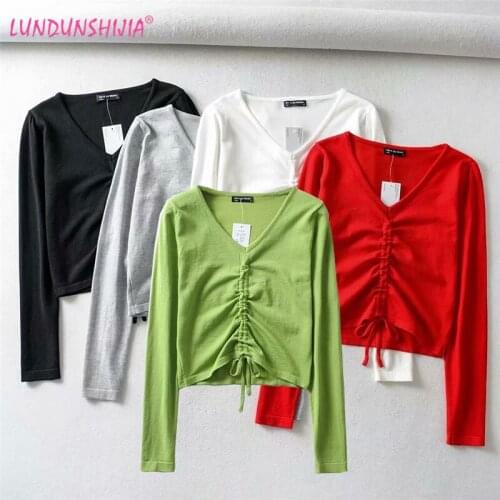 LUNDUNSHIJIA 2021 Autumn New Female Design V-Neck Drawstring Cropped Tops Long-Sleeved Solid Knitting Bottoming Tee Top 5 Colors