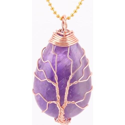 Natural Gem StoneGold Color Tree of Life Wire Wrap Water Drop Necklace Pendant for Women Jewelry Green Quartz Tig D524