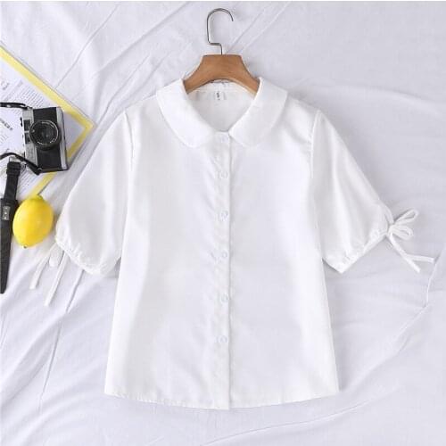 2021 Summer New College Style Jk Uniform Female Bow Tie White Short Sleeve Round Collar Shirt Student Sweet School Girl Uniform