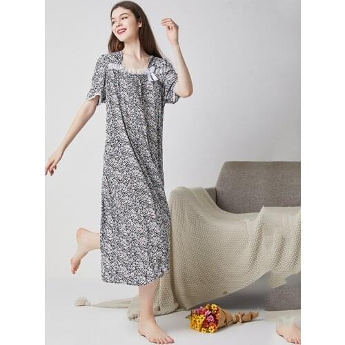 New Summer Womens Nightdress Cotton Lace Short Sleeve Floral Printed Sleepdress Casual Home Clothing for Women Spring Nightgown