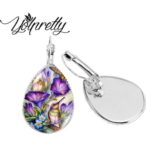 New Flowers Poppies Tulip Rose Lily Sunflower Oil Paintings Handmade Glass Cabochon Tear Drop Clip Earrings