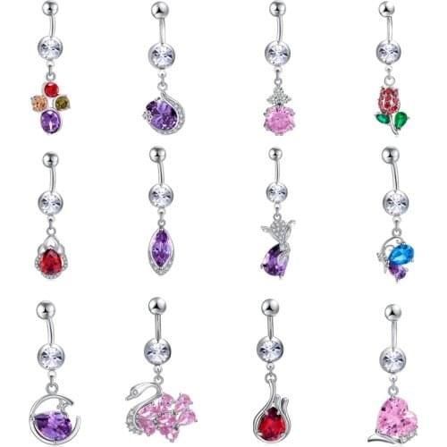 Charm Crystal Zircon Pendant High Quality Surgical Steel Body Belly Button Ring Fashion Petal Plant Navel Ring for Women Jewelry
