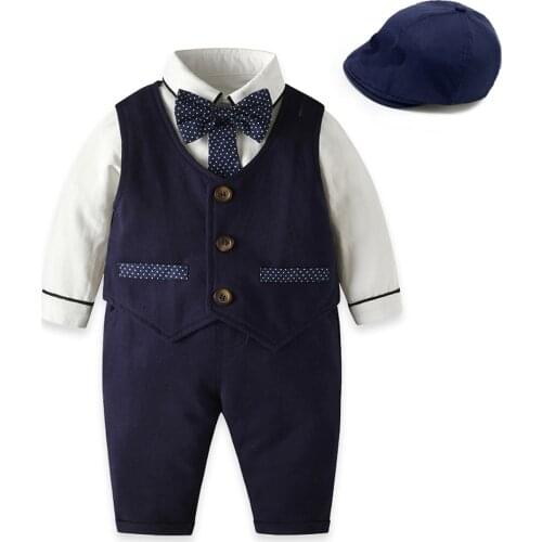 Formal Baby Boy Clothes Newborn Vest + Shirt + Dot Bow Tie + Hat + Pants Outfit Party Children Birthday Dress New Born 0- 24 M