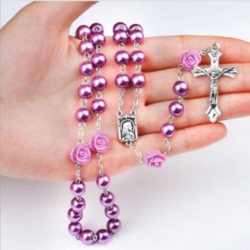 New 8mm 70cm Polymer Clay Bead Rosary Cross Pendant Necklace Virgin Mary Centrepieces Christian Catholic Religious Jewelry Gift