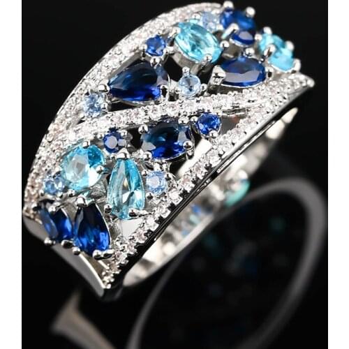 Luxury Blue Cubic Zircon Rings for Women Gift Promise Wedding Engagement Crystal Finger Ring Statement Charm Jewelry Accessories