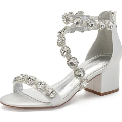 Block Heels Satin Rhinestones Wedding Sandals Shoe for Bride Open Toe Zipper Back Prom Evening Formal Party Dress Sandals Summer
