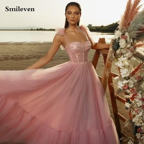 Smileven Pink Modern Spaghetti Strap Prom Dresses A Line Tea Length Arabic Evening Gown Corset Party Dress for Graduation