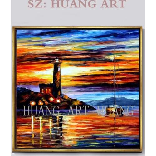 Modern Beautiful Sunset Ship Sea Sailboat Knife Oil Painting on Canvas Handmade Wall Picture for Living Room Bedroom Wall Decor
