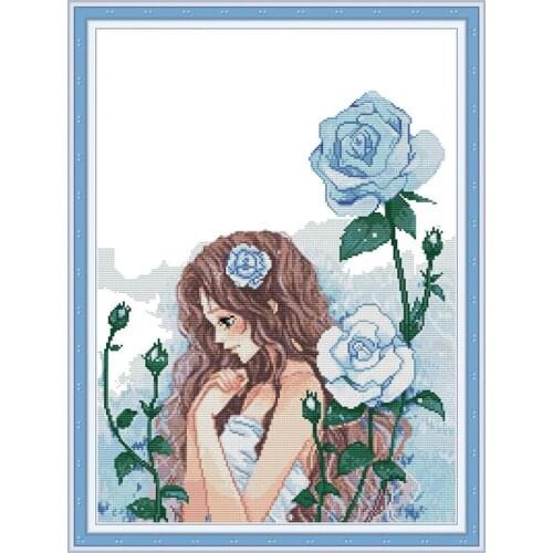 Everlasting Love Maiden And Blue Rose Chinese Cross Stitch Kits Ecological Cotton Printed 14C DIY Christmas Decorations For Home