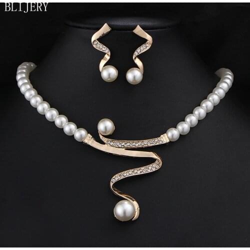 BLIJERY Vintage Gold Color Simulated Pearl Bridal Jewelry Sets For Women Crystal Wedding Necklace Earrings African Jewelry Set
