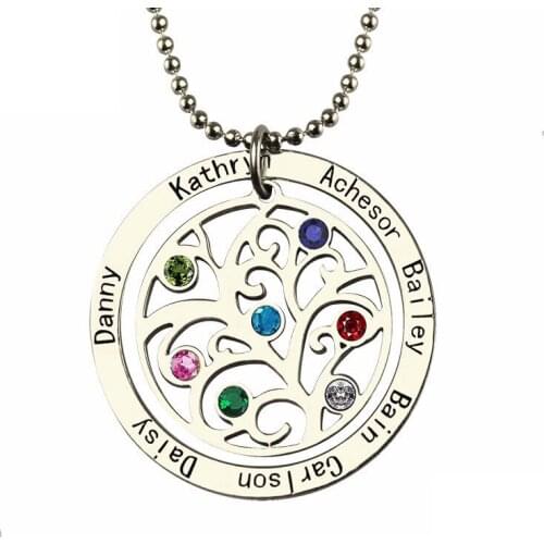 Xiaojing 925 Sterling Silver Tree of Life Necklace Personalized Custom Family Name&birthstone Fine Jewelry for Mothers Day Gift