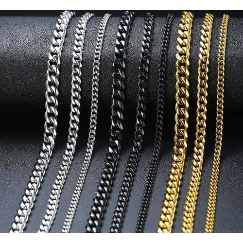 Yobest 18-70cm Stainless Steel Necklace for Men Women Curb Cuban Link Chain Chokers Vintage Black Gold Tone Solid Metal Jewelry