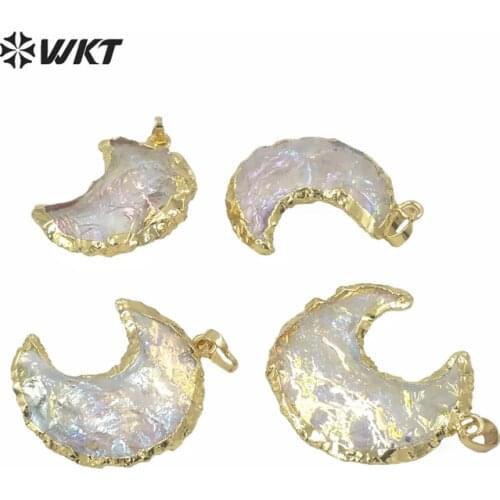 WT-P1564 Luxury Natural Stone Pendant Aura Quartz With Gold Plated Trim Crystal Quartz Moon Shape Wonderful Stone Pendant