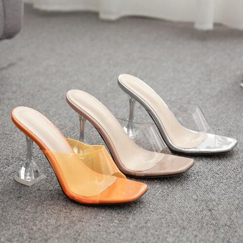 Women sandals PVC Slip On 11cm Thin Heels High heels Square Toe Shallow women shoes sandalias mujer 2020 size 35-42 Orange