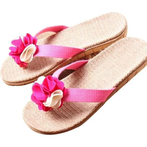 Womens Flat Sandals Outdoor Flower Linen Flip Flops Indoor Non-slip Home Flax Slippers Women Slides Flat Sandals House Shoes