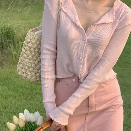 Vintage Autumn 2021 Solid Sweet Petal Edge Short Knitted Cardigan Long Sleeve Single Breasted for Women Causal Slim Crop Tops