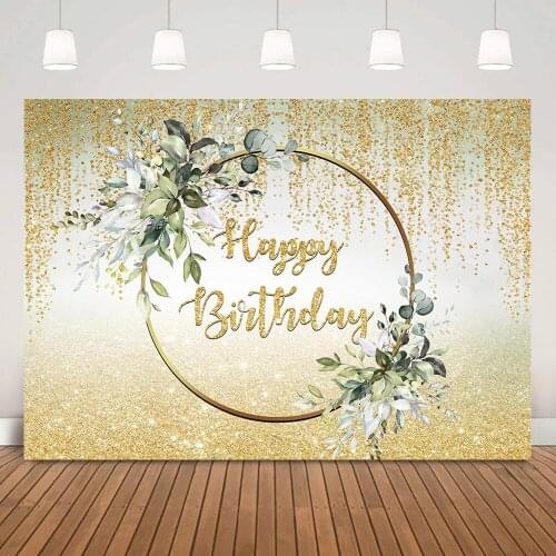 Gold Bokeh Birthday Background Golden Dots Ring Circle Adult Happy Birthday Cake Table Backdrop Watercolor Green Leaves Decor