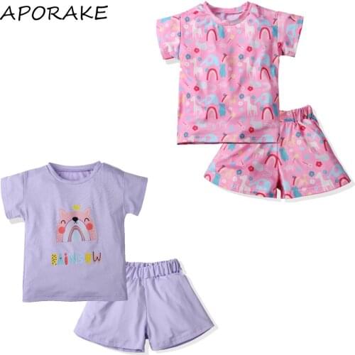 2021 0-6Y Casual Kids Baby Girl Pajamas Sets Cartoon Rainbow Print Short Sleeve Top+Shorts Summer Home Sleepwear 2pcs