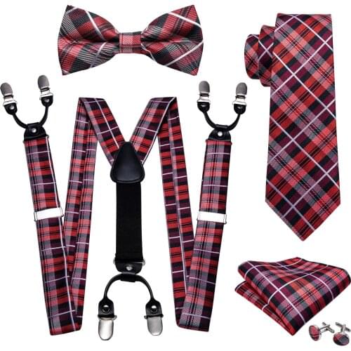 Red Plaid Pre-Bow Tie Silk Ties For Men Suspenders Handkerchief Cufflink Set Barry.Wang Fahsion Designer Wedding Gift S-2009