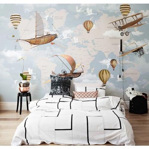 Large World map Aircraft Hot Air Balloon 3D Cartoon Wallpaper Murals 3d Photo Mural for Baby Room 3d Cartoon Wall paper Stickers