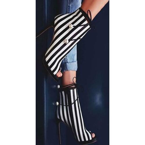 Striped Peep Toe Ankle Boots Lace Up Pearls Decor Platform Woman Shoes Runway Party Stylish Short Boots Fashion Ladies Shoes