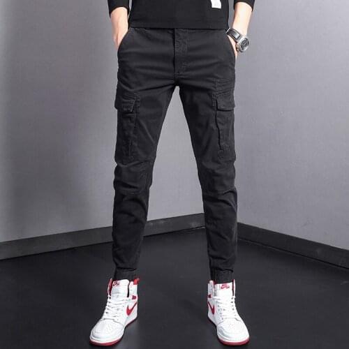 Fashion Streetwear Men Jeans Black Big Pocket Casual Cargo Pants Korean Style Slim Fit Hip Hop Joggers Ttousers Men Overalls